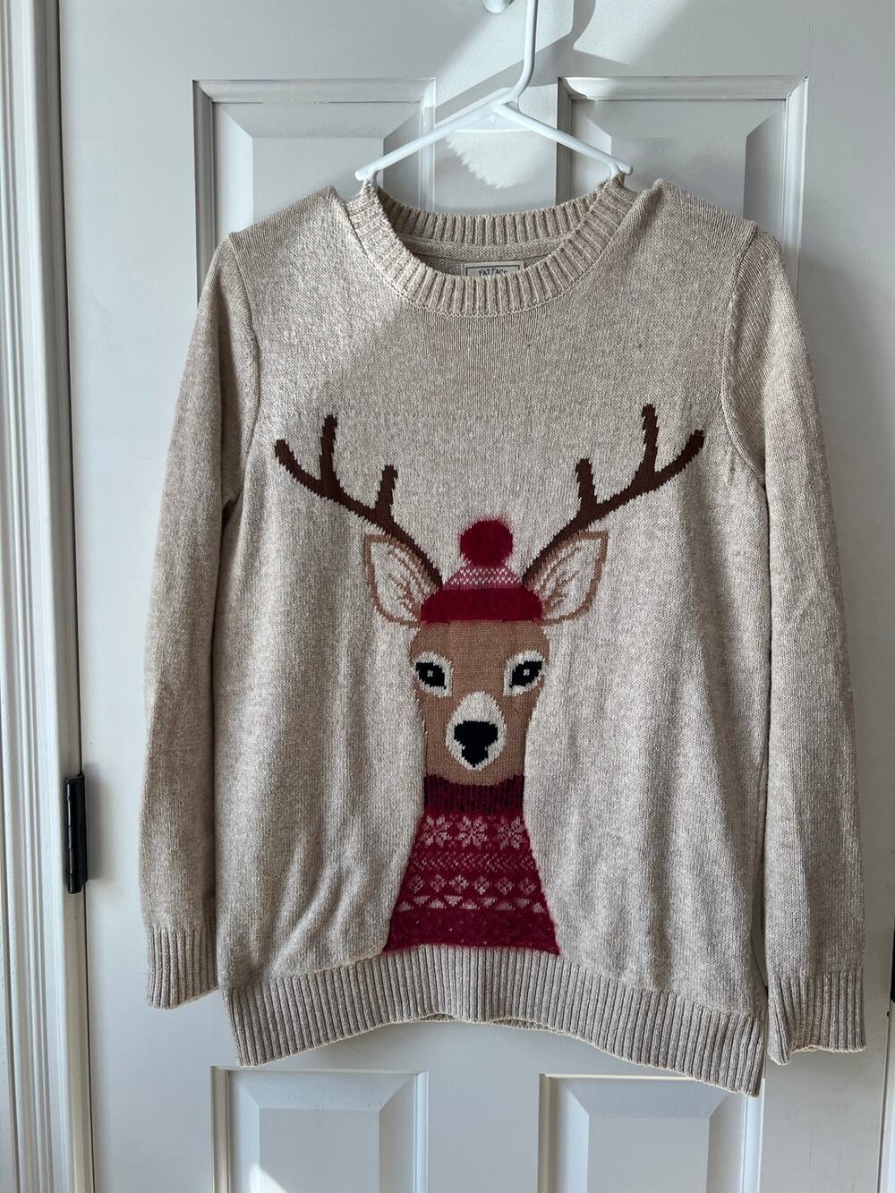 FatFace Delilah Reindeer Intarsia Christmas Sweater Wool Blend Tan Red Sz 4
